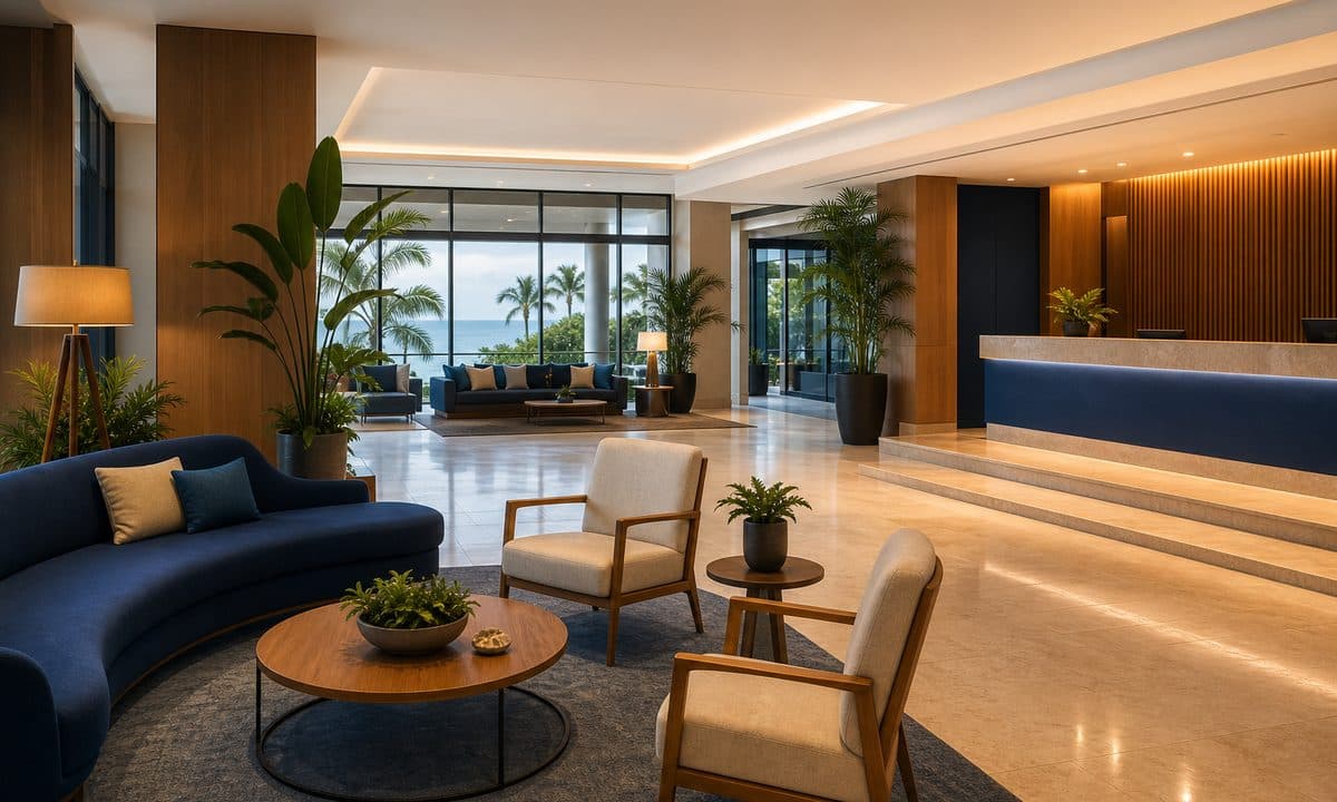 Lobby de hotel preparado para receber participantes
