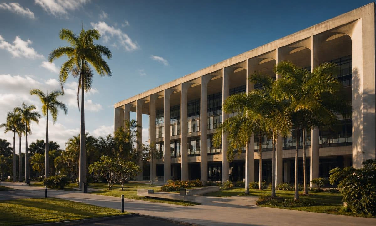 Prédio institucional em campus universitário